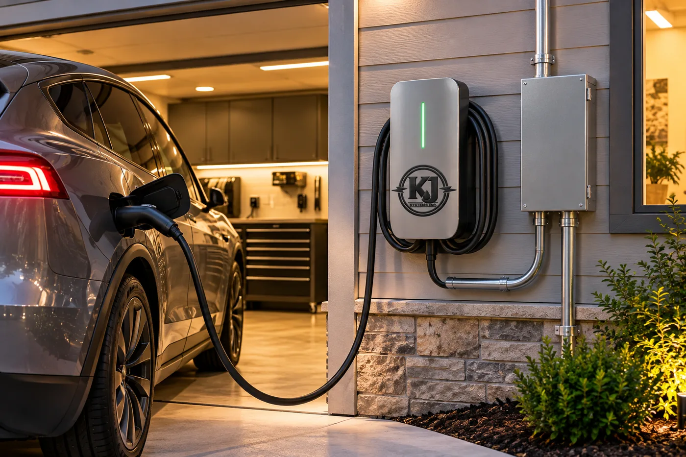 Home EV charger installed on a garage wall charging an electric car