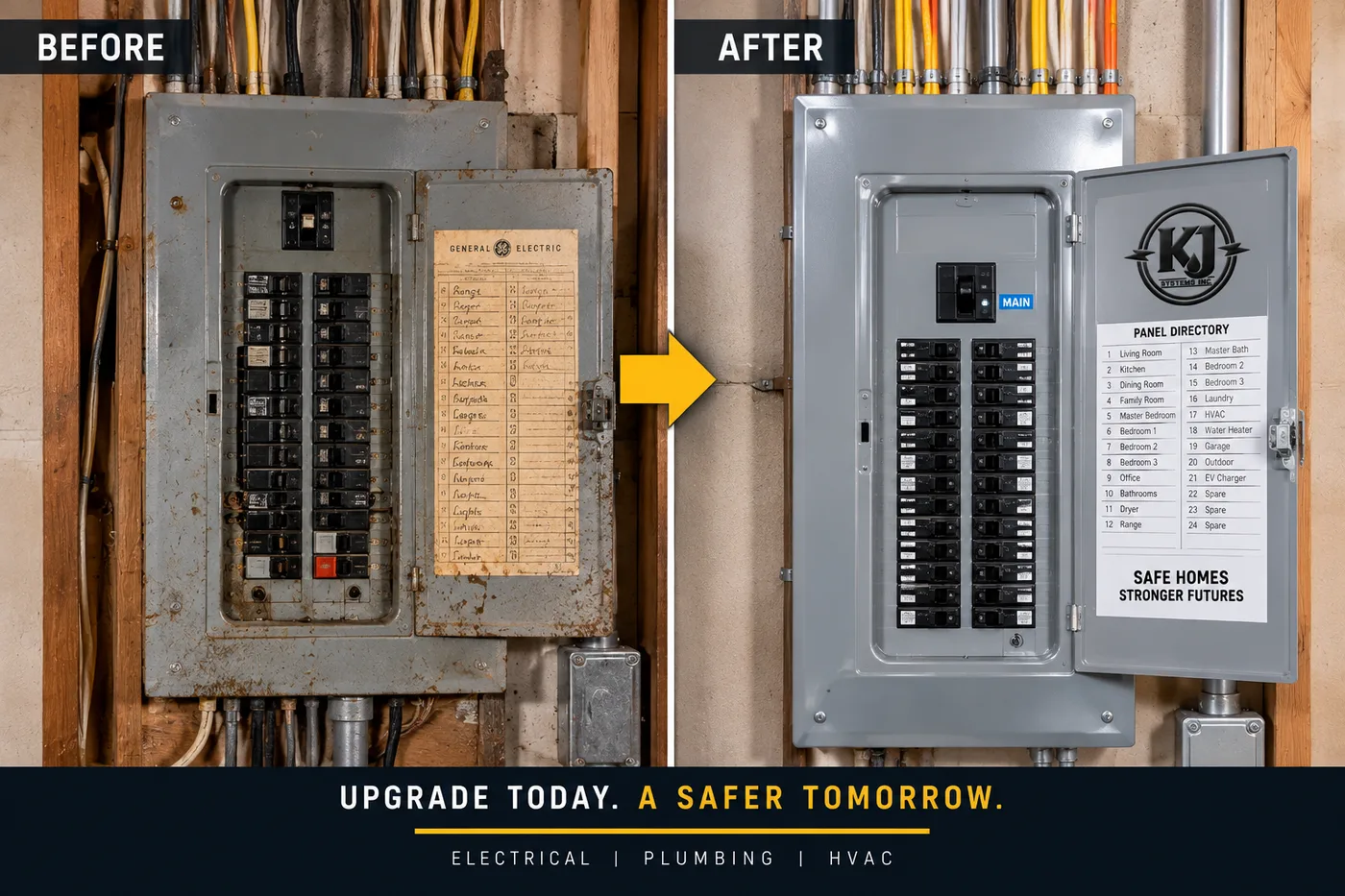 Before and after: outdated electrical panel upgraded to a new labeled panel