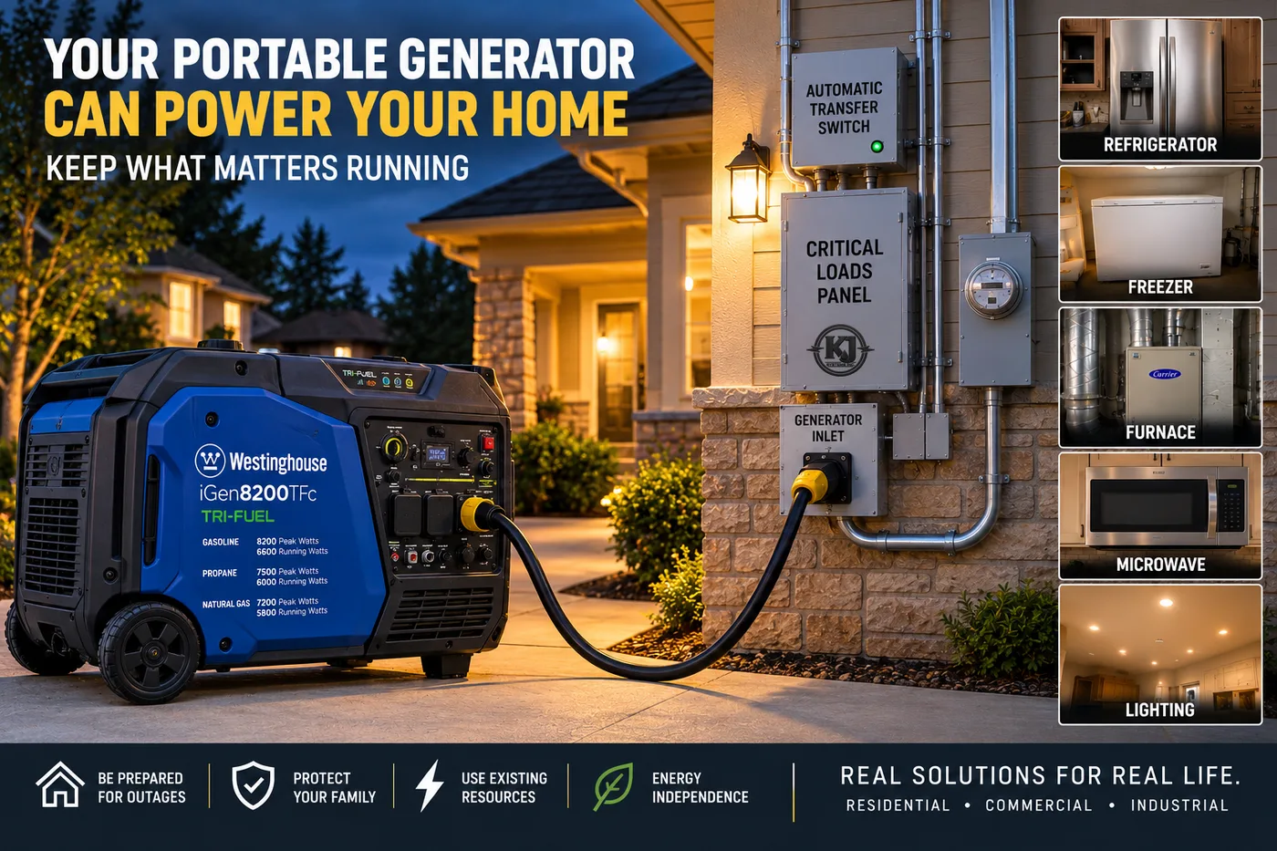 Portable generator connected to a home transfer switch to power critical loads