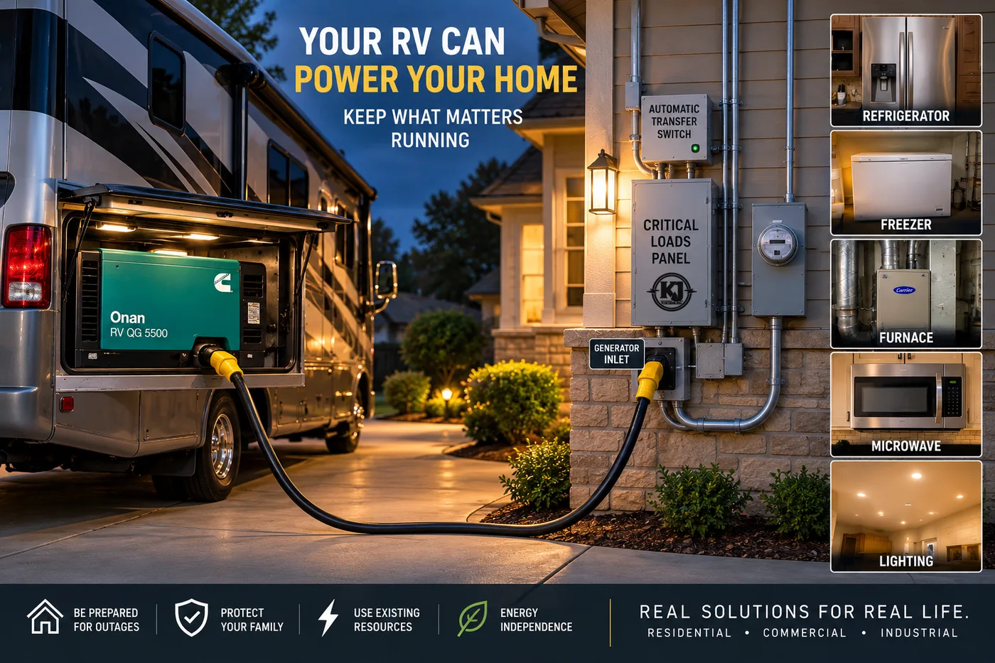 RV generator hooked up to power a home through a generator inlet and transfer switch