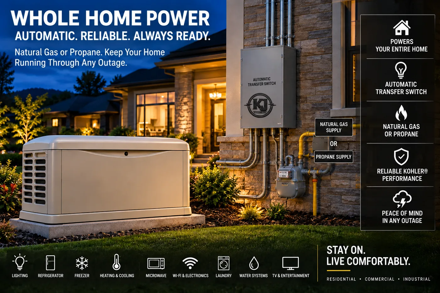 Whole-home standby generator with automatic transfer switch, natural gas or propane