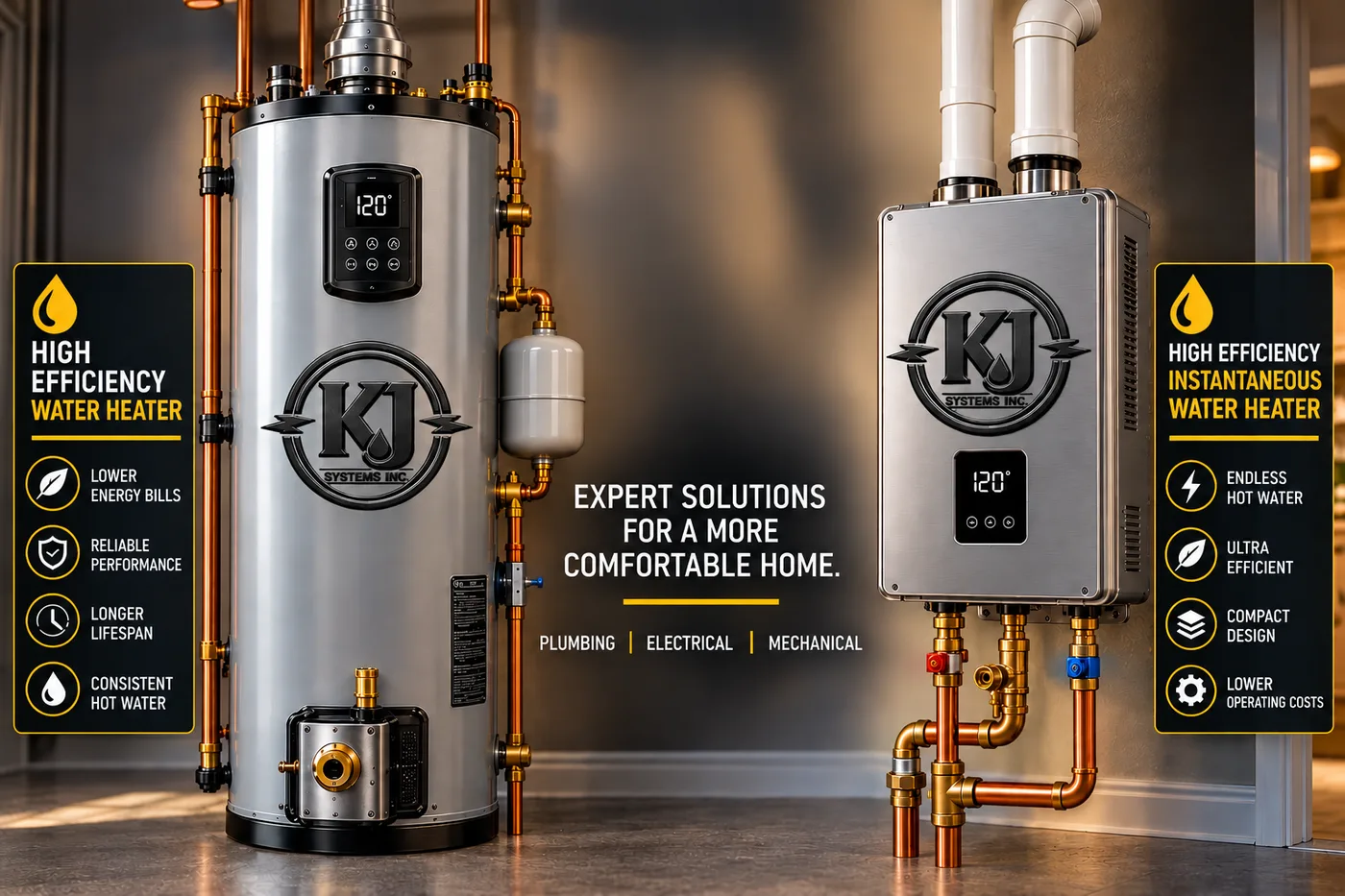 Tank and tankless high-efficiency water heaters installed by KJ Systems