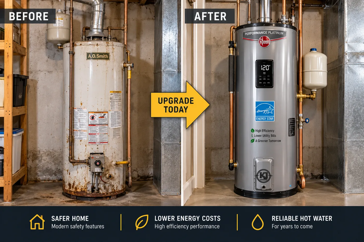Before and after: rusted old water heater replaced with a new high-efficiency model